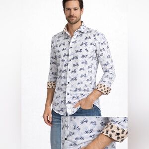 Mens Bicycle Print Button Down Shirt Pineapple Contrast Collar Size M